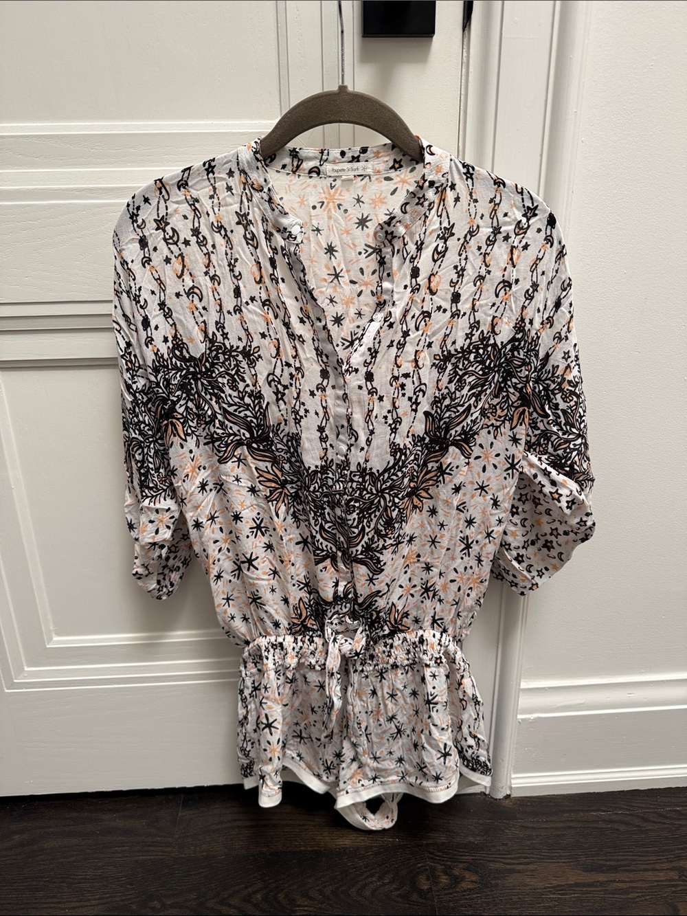 Poupette St. Barth White Tunic with Black & Peach Print Tie-Waist